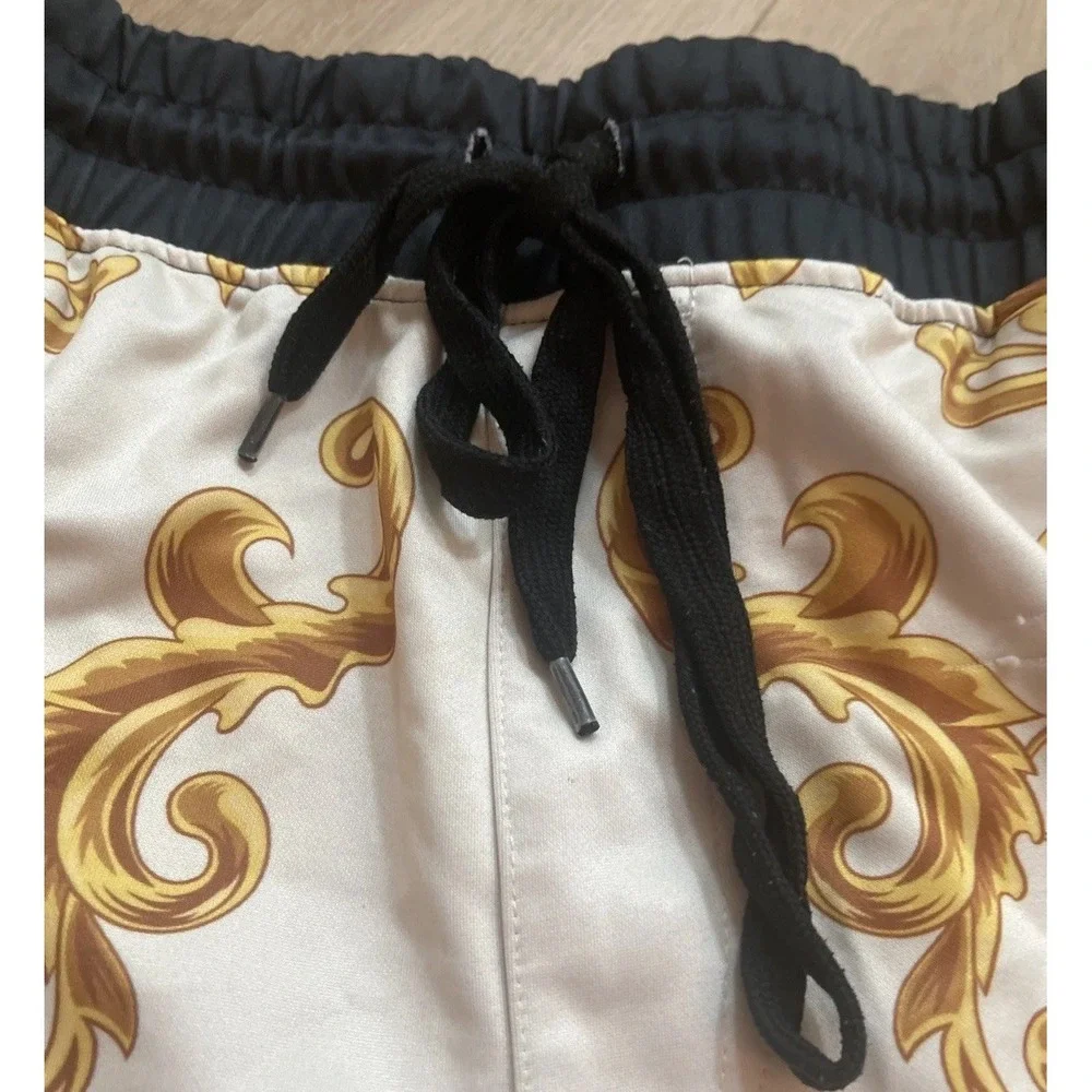Baroque Print Shorts Men's XL Black Gold White Scroll Waistband Drawstring